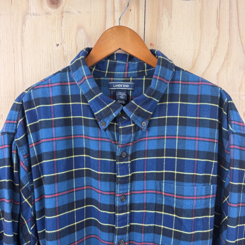Lands' End Flannel Shirt Men 3XL Tall Blue Plaid 100%Cotton Button Down